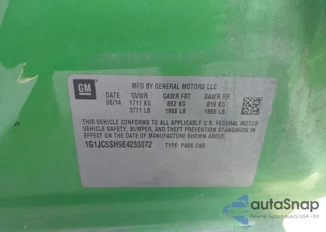 2014 Chevrolet Sonic Lt Auto z USA, uszkodzony, nr VIN 1G1JC5SH9E4233072